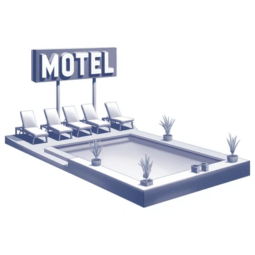 A vintage motel pool area showcasing a large, retro sign that reads "Motel" in bold letters. The pool is surrounded by classic loungers arranged neatly along the edge, each with simple, curved lines. There are a few potted plants positioned around the pool, adding a touch of detail. The water in the pool is still and reflects the surrounding elements, while the concrete deck is slightly worn, indicating years of use. The scene captures a nostalgic atmosphere, inviting relaxation.