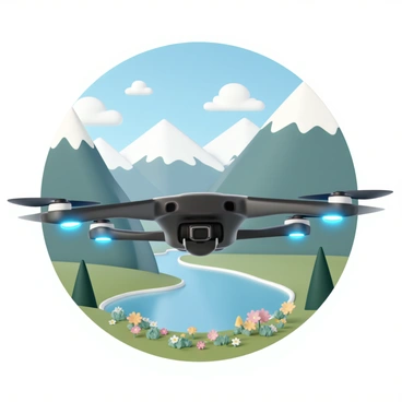 A high-tech camera drone, featuring sleek metallic body with four propellers, is hovering in the air. The drone has a shiny black finish with glowing blue lights along its edges. Below, a scenic landscape unfolds, showcasing a lush green valley surrounded by towering mountains. The mountains are capped with snow, glinting under the sunlight. A river winds through the valley, reflecting the blue sky, dotted with fluffy white clouds. Wildflowers bloom in various colors along the riverbank, adding vibrancy to the natural scene.