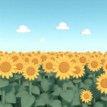 A vast field of bright yellow sunflowers, their faces turned towards the sun. The sunflowers are standing tall, some with their petals slightly curled. The sky above is a vibrant blue, dotted with a few fluffy white clouds. A gentle breeze is passing through, causing the sunflowers to sway gracefully. The scene is filled with rich greens from the leaves and stems, enhancing the lively atmosphere of the field.