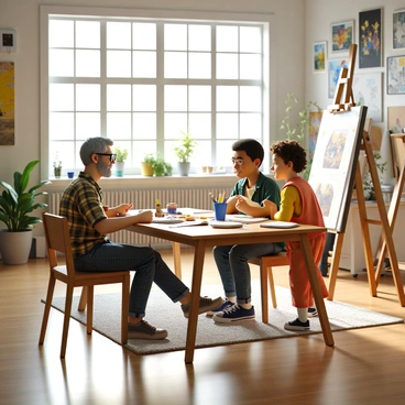 An experienced illustrator with gray hair and glasses, wearing a plaid shirt and denim jeans, is sitting at a large wooden table covered with art supplies. The table has sketchbooks, paint tubes, and brushes scattered across it. A young artist with curly hair and bright clothing is standing next to the table, intently listening and holding a sketchpad. The studio has large windows that allow sunlight to flood the room, illuminating the walls filled with colorful artwork and sketches. The atmosphere is vibrant and creative, with plants in pots on the windowsill and an easel in the corner holding a half-finished painting.