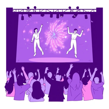 A purple stage is illuminated with vibrant lights as holographic performers are displayed, dancing and singing in mid-air. The performers are surrounded by swirling patterns and shapes that seem to pulse with the music. In front of the stage, a diverse crowd is shown with their arms raised high, expressions of excitement and joy on their faces. Some audience members are wearing colorful clothing, while others hold glowing items that reflect the dazzling lights of the show. The atmosphere is filled with an energetic vibe, creating a sense of unity among the ecstatic audience members.