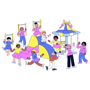 A playground filled with various play equipment including swings, slides, and a merry-go-round. There are multiple children playing, some are swinging high on swings, while others are sliding down a colorful slide. A group of children is gathered around the merry-go-round, laughing and cheering as they spin. Each child has a unique outfit, showcasing vibrant colors and playful patterns. The sky is clear and bright, adding to the cheerful atmosphere of the playground scene.