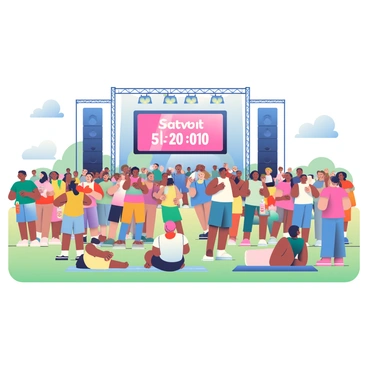 A crowd of diverse people is gathered in an open area, eagerly awaiting the start of an outdoor concert. They are standing on a grassy field, with some individuals sitting on picnic blankets. The attendees include men and women of various ages, some wearing colorful summer outfits and others in casual t-shirts and shorts. Many are holding drinks and snacks, while others take photos with their phones. In the background, a large stage is set up with lights and speakers. A digital clock on the stage displays the countdown to the concert start time. The atmosphere is lively, with people chatting, laughing, and glancing excitedly at the clock.