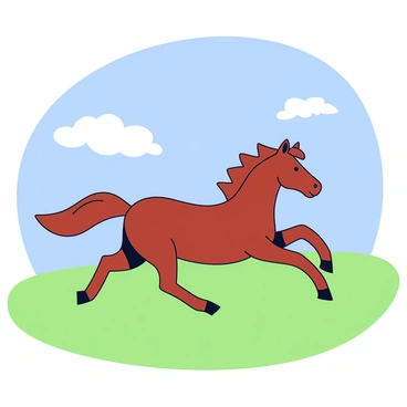 A wild stallion with a glossy chestnut coat galloping across an expansive green plain. The stallion's mane flows elegantly behind it as it strides with powerful, muscular legs. The sky above is a clear blue, contrasting with the green grass that stretches out under the horse's hooves. In the distance, a few wispy white clouds can be seen, enhancing the sense of freedom and space.