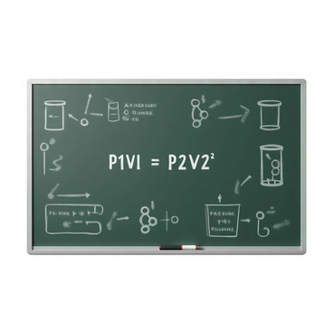 A blackboard with a green surface, covered with chalk markings. In the center, the formula "P1V1 = P2V2" is written in white chalk. Surrounding the formula, there are various diagrams illustrating the concept, including arrows showing the relationships between pressure and volume. Some diagrams depict gas particles in containers, with annotations indicating changes in pressure and volume. The overall composition presents a clear and educational visual representation of the gas laws.