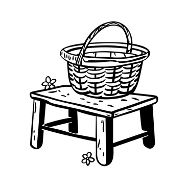 An antique wicker basket with a classic design, featuring intricate weaving patterns, placed prominently on an old wooden table with visible grain and texture. The table has a weathered finish, showing signs of age and use. Shadows cast by the basket create depth on the table's surface. There are a few scattered dried flowers next to the basket, adding a touch of rustic charm.