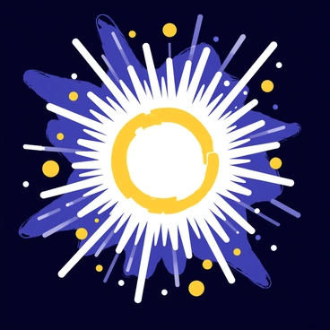 A burst of bright light particles radiates outward, creating a shimmering effect. The particles vary in size, with some small and others larger, creating a dynamic visual. As they spread, they form glowing orbs and streaks, representing the vastness of space. The colors transition from white and yellow at the center to deep blue and violet at the edges, illustrating the birth of the universe. The scene captures the energy and motion of this cosmic event.