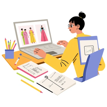 A student sitting at a wooden desk watching a tutorial video on a silver laptop. The laptop screen displays a colorful fashion illustration in progress. The student has dark hair pulled back into a bun and is wearing round glasses. Surrounding the student are art supplies, including colored pencils and sketch paper. A notepad is open next to the laptop, featuring fashion design sketches and notes. Natural light streams in from a nearby window, illuminating the workspace.