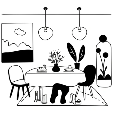 A stylish dining room with a large mural depicting an abstract landscape on one wall. The table is elegantly set with a white tablecloth, silver cutlery, and ceramic plates arranged symmetrically. Unique decorative pieces, such as a sculptural vase filled with dried flowers and a collection of vintage candlesticks, are placed on the table. A pair of modern pendant lights hang from the ceiling, casting light over the space. The floor is adorned with a patterned rug that adds texture to the setting.