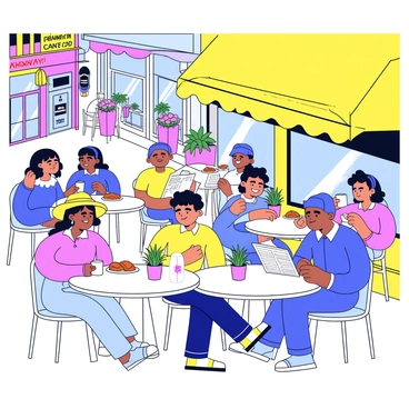 A bustling street café on a warm afternoon with people enjoying coffee and pastries