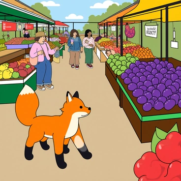 A vibrant marketplace filled with colorful stalls and various fruits. In the foreground, a sly-looking orange fox with a bushy tail is gazing intently at a fruit vendor's stand. The stand is overflowing with plump, purple grapes that are glistening in the sunlight. Surrounding the fruit vendor are other stalls showcasing bright vegetables and handmade crafts. Several shoppers, including a woman with a straw hat and a child holding a cotton candy, are browsing the lively scene. The atmosphere is filled with chatter and the enticing aromas of fresh produce.
