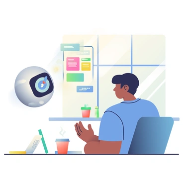 A friendly AI assistant with a sleek, silver design is hovering beside a person sitting at a modern desk. The AI's interface is glowing softly, projecting holographic displays of colorful to-do lists and a calendar in mid-air. The person, who has short black hair and is wearing a casual blue t-shirt, is engaging with the holograms, swiping through their schedule. A cup of steaming coffee sits on the desk next to a notepad filled with handwritten notes. In the background, there is a large window letting in natural light, illuminating the workspace.