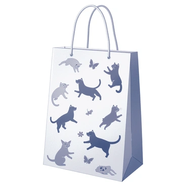 A tote bag with a flat, rectangular shape, featuring numerous illustrations. The images depict several cats and dogs engaging in playful activities. One cat is seen leaping into the air, while another is playfully swatting at a butterfly. A dog is shown chasing its tail, while another dog is rolling on the ground with its tongue out. The illustrations are arranged in a lively, scattered pattern, creating a sense of movement and fun across the surface of the bag.