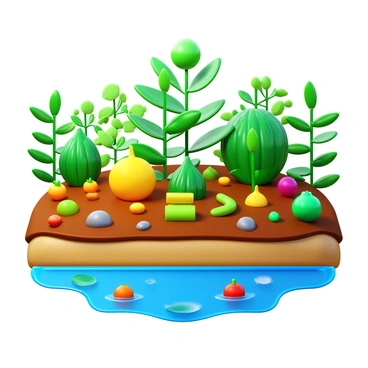 A vibrant garden filled with various types of plants designed to resemble "lysosomes". The plants have rounded, bulbous shapes and are bright in color, including greens, yellows, and oranges. Surrounding the plants are rich soil beds, adorned with small rocks and pebbles for texture. In the background, gentle, flowing water features create a serene atmosphere. "Nutrients" in the form of colorful tiny fruits and vegetables are scattered around the garden, illustrating the concept of recycling nutrients. The sunlight filters through the leaves, casting dappled shadows on the ground, enhancing the lively and dynamic environment.