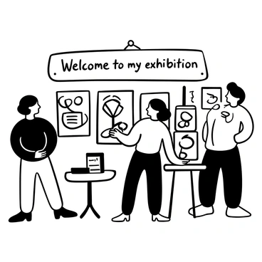 A woman named "Amy" stands next to an easel, presenting her paintings at a small art exhibition. Her paintings, framed and placed on the wall behind her, showcase various abstract designs. A few art lovers are observing the paintings with interest, while others are discussing their favorites. "Welcome to my exhibition" is displayed prominently on a banner above the paintings. A small table beside her holds a guestbook and a pen for visitors to leave comments.