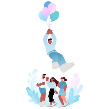 A person is clutching a colorful balloon that is lifting them off the ground. The individual is wearing a light sweater and jeans, with their arms raised as they are being pulled upward. Below them, a group of friends is standing together, looking up at the person with expressions of surprise and excitement. The friends are wearing casual attire, and there are trees and grass in the background. The scene is filled with soft gradient pastel colors blending harmoniously throughout the image.
