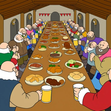 A large banquet hall filled with cheerful dwarves sitting around long, wooden tables. The tables are laden with an abundance of hearty foods, including roasted meats, large loaves of bread, and bowls of colorful vegetables. Various mugs filled with frothy drinks are scattered across the tables. Dwarves, dressed in colorful tunics and sturdy boots, are laughing and toasting each other. The atmosphere is lively and festive, with some dwarves clinking their mugs together in celebration. Banners and lanterns hang from the wooden beams above, adding to the jovial ambiance.