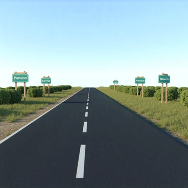 A long, straight road stretches into the horizon under a clear blue sky. The asphalt surface is dark and well-defined, flanked by patches of green grass and occasional shrubs. Along the sides of the road, there are several signs mounted on wooden posts. One sign reads "Pension" in bold white letters against a green background, while another sign displays "Savings" in a similar style. The perspective creates a sense of depth, drawing the viewer's eye toward the distant end of the road. The lighting suggests it is either early morning or late afternoon, casting long shadows from the signs onto the ground.