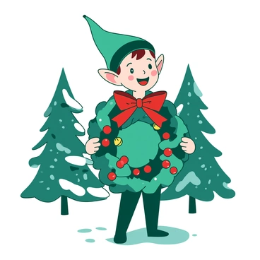 A teal elf with pointy ears and a festive green outfit is proudly holding a freshly made Christmas wreath. The wreath is decorated with vibrant red berries and small golden bells, and it features a large red bow at the top. The elf's face is beaming with joy as they stand in a snowy outdoor setting, surrounded by frosted pine trees. Snowflakes are gently falling around the elf, adding to the festive atmosphere.