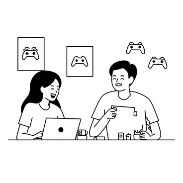 Two friends are sitting in a brightly lit room, each focused on their individual devices. One friend, a young woman with long hair, is laughing and looking at her laptop screen. The other friend, a young man with a short haircut, is sitting across from her, holding a gaming controller and smiling as he looks at his tablet. Various gaming posters and a few game controllers are scattered around the room, adding to the energetic atmosphere. They are both wearing casual t-shirts, and there are snacks on the table between them.
