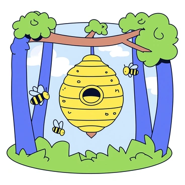 A bee hive made of natural wooden materials, hanging from a sturdy branch of a tree. The hive is shaped like a rounded structure with a textured surface. Surrounding the hive, a dense forest filled with tall, green trees creates a lush backdrop. Sunlight filters through the leaves, casting soft rays of light that illuminate the area around the hive. Small bees are seen flying in and out of the hive, busy with their tasks. The ground is covered with a layer of fallen leaves and green grass, adding to the natural setting.