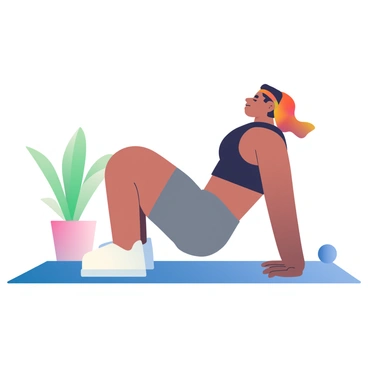 A person with light brown skin is demonstrating the correct form for doing abdominal crunches on a blue yoga mat. They are wearing a fitted black tank top and grey athletic shorts. The person's knees are bent at a 90-degree angle, and their feet are flat on the mat. Their hands are positioned behind their head, with elbows wide and back pressed against the mat. The person's facial expression shows concentration as they engage their core, and there are several green indoor plants in the background, adding a fresh touch to the environment.