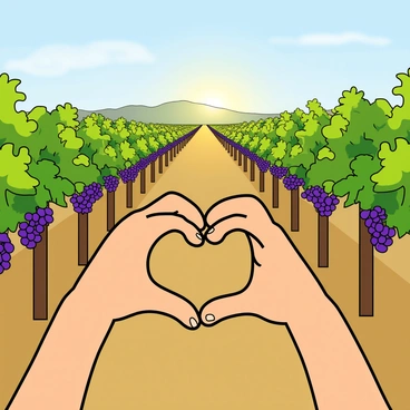 Two hands positioned together to form the shape of a heart. The hands are light brown and show details like knuckles and fingernails, emphasizing the gesture. In the background, there are rows of lush green grapevines neatly arranged, stretching out towards the horizon. The grapevines are heavy with clusters of ripe purple grapes, and their leaves are bright and vibrant. The sky above the vineyard is clear with a few soft clouds, allowing warm sunlight to illuminate the scene. The overall composition highlights the connection between the heart symbol and the fruitful vineyard.