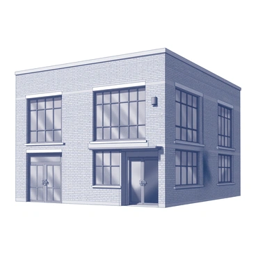 A building facade characterized by exposed brick walls with a rugged texture. It features large, multi-pane factory-style windows that are evenly spaced along the front. The windows are framed with metal and have a grid design. The overall structure has a rectangular shape and displays a sense of verticality. The entrance area is marked by a large, double-door entryway, often found in industrial designs. The roofline is flat with a slight overhang, adding to the industrial aesthetic.