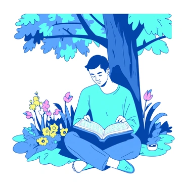 A blue person is sitting cross-legged beneath a large, leafy tree in a garden filled with various blooming flowers. The person is holding an open green Quran in their lap, deeply focused on reading. Sunlight filters through the branches above, casting dappled light on the pages of the Quran. Around the person, there are colorful flowerbeds in shades of yellow and pink. A soft breeze gently rustles the leaves, creating a tranquil atmosphere in the garden.