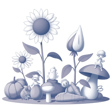 A garden filled with oversized flowers, featuring tall sunflowers with large faces and broad leaves, and blooming daisies with exaggerated petals. Various whimsical characters are scattered throughout the garden, engaging in playful activities. One character is seen watering a giant lily, while another is perched on a massive mushroom, gazing curiously. In the background, there are oversized vegetables, like a colossal carrot and a giant pumpkin, adding to the fantastical atmosphere of the scene. The sky above is bright and open, allowing ample sunlight to illuminate the garden.