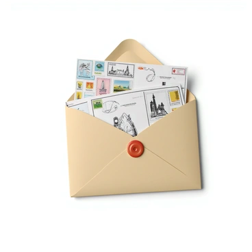 An envelope made of cream-colored parchment paper with a smooth texture. The envelope is sealed with a red wax seal. It is adorned with multiple international stamps, featuring vibrant colors and various designs, depicting landmarks and symbols from different countries. The envelope is slightly ajar, revealing several neatly arranged illustration drafts inside, showcasing sketches of various scenes and characters. The drafts have a white background with black ink illustrations, some featuring colorful pencil highlights. The overall composition emphasizes the combination of travel and creativity.