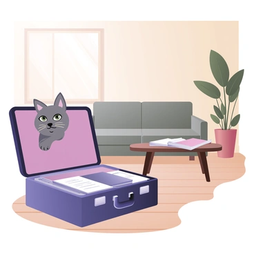 A curious cat with gray fur and bright green eyes is peeking out from inside an open briefcase. The briefcase is placed on a wooden floor and is partially filled with papers and a laptop. In the living room, there are soft beige walls and a cozy gray couch in the background. A large potted plant with broad leaves is positioned to the right of the couch, and a coffee table with a stack of magazines sits in front of it. Sunlight is streaming in through a nearby window, casting soft shadows on the floor. The cat has its front paws resting on the edge of the briefcase, its expression reflecting curiosity and playfulness.