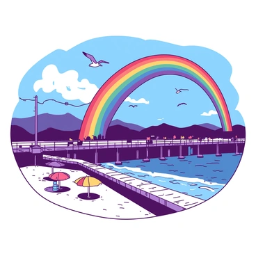 A vibrant rainbow arcs gracefully over Santa Monica Pier, its colors vividly contrasting against a backdrop of dark, lingering clouds after a light rain. The pier stretches out into the ocean, with wooden planks glistening from the recent rainfall. A few colorful beach umbrellas are scattered along the sandy shore, and people can be seen enjoying the scenery. The ocean reflects the rainbow's hues, adding to the overall vibrance of the scene. Seagulls fly overhead, completing the lively atmosphere of this coastal setting.