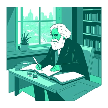A teal study room features Karl Marx sitting at a wooden desk, focused on writing in a large book. He has a thick beard and is wearing a dark coat. The desk is cluttered with papers and a quill pen, along with an open inkpot. Behind him, a window reveals a bustling city filled with busy streets and various types of buildings. Bright sunlight fills the room, illuminating a small potted plant on the windowsill. The walls are adorned with shelves filled with books, creating a warm and inviting atmosphere.