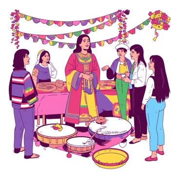 Dona Marina is standing at the center of a vibrant celebration filled with colorful decorations. She is wearing a traditional dress adorned with intricate patterns and bright colors, capturing the essence of her culture. Around her, visitors are gathered, listening attentively as she explains the cultural significance of the various elements of the celebration. Festive banners and garlands hang in the background, while traditional music instruments are placed nearby, adding to the lively atmosphere. The expressions of the visitors show their fascination and engagement with Dona Marina's storytelling.