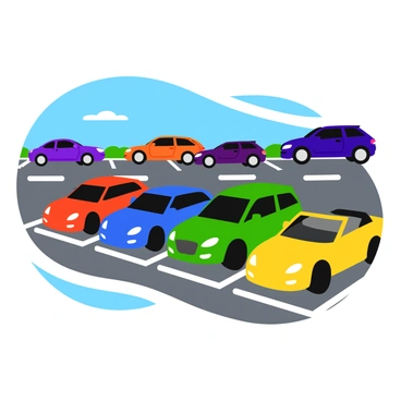 Four cars parked in a lot, with three cars parked on the opposite side. The four cars are in different colors: a red sedan, a blue hatchback, a green SUV, and a yellow convertible. Each car is clearly defined, with shiny surfaces and distinct features. The three cars on the other side include a purple coupe, an orange minivan, and a black pickup truck. The parking lot is marked with white lines, and there's a clear blue sky overhead. The scene visually represents the fraction of cars parked on each side.