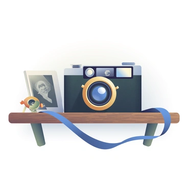 A black box camera from the 1920s on a rustic wooden shelf