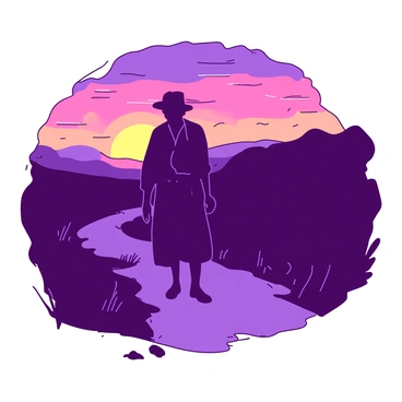 A silhouette of a beggar is walking along a winding path. The beggar is dressed in tattered clothing, with a worn hat atop their head. The sky behind them is filled with vibrant hues, creating a striking contrast against the figure. The setting sun is glowing with {color_1} and {color_2} tones, casting a warm light that outlines the beggar's form. The path is uneven, lined with patches of grass and a few scattered stones. The overall atmosphere evokes a sense of solitude and reflection as the beggar continues along the path.