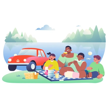 A cheerful family of four is enjoying a picnic by a serene lake. The father, with short black hair, is sitting on a blue and white checkered blanket, holding a sandwich in one hand and laughing. The mother, with long brown hair tied in a ponytail, is pouring lemonade into cups. Two children, a girl and a boy, are playing with a frisbee nearby, the girl has pigtails and is wearing a bright yellow dress, while the boy is in a green t-shirt and shorts. A red Tata car is parked on the grassy area close to the picnic setup, with a few picnic baskets and a cooler placed next to it. The lake is calm with reflections of trees on the water's surface, and the sky is clear with a few fluffy clouds.