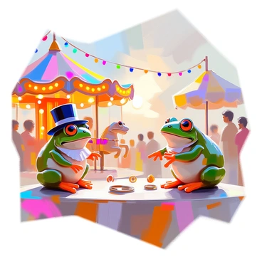A Victorian carnival scene unfolds with a vibrant atmosphere filled with colorful tents and joyful decorations. Frogs, dressed in tiny Victorian attire, are seen engaging in various games and attractions. One frog in a top hat is tossing rings attempting to land them on pegs, while another frog wearing a ruffled collar is eagerly trying its luck at a dart-throwing game. Brightly painted carousel horses spin in the background, with a few frogs perched atop, their eyes gleaming with excitement. Strings of colorful lights dangle above the carnival, casting a warm glow on the scene as the sun sets in the distance. Laughter and cheers fill the air, creating an enchanting ambiance of fun and merriment.