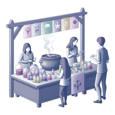 A market stall filled with various glass jars and vials containing different potions. The stall is decorated with colorful banners and mystical symbols. A large, steaming cauldron sits at the center, with swirling fumes rising from it. Beside the cauldron, a wooden table is cluttered with herbs and strange ingredients. Nearby, a vendor stands, gesturing animatedly as they offer samples to curious customers. The scene is lively with people exploring the wares, exchanging coins, and discussing the properties of the elixirs.
