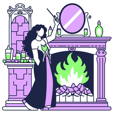A woman with long, wild black hair is standing in front of an ornate fireplace. She is wearing an elaborate dark dress flowing down to her feet. Her expression is intense as she raises her wand towards the fireplace. The flames within the fireplace are vibrant and swirling, in shades of green, casting an eerie glow in the dimly lit room. Behind her, intricate stone walls add a sense of age and mystery, while a large, antique mirror reflects her actions. Several scattered potion bottles are visible on a nearby table, hinting at her magical expertise.