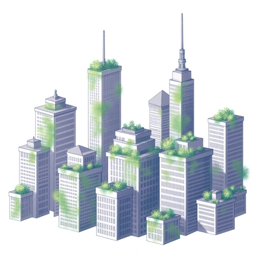 A bustling city skyline filled with various skyscrapers. Each building features green roofs adorned with lush vegetation and a variety of plants. Many skyscrapers have vertical gardens climbing their walls, showcasing vibrant greenery that contrasts with the architectural lines of the structures. The scene captures the dynamic interaction between nature and urban architecture. Clear outlines of the buildings create a distinct silhouette against the sky.