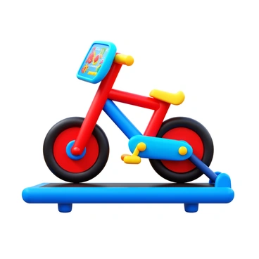 A colorful children's toy version of a treadmill bike. The bike features a vibrant frame with shades of red, blue, and yellow. The wheels are oversized and decorated with playful patterns. The handlebars are designed with soft grips for small hands. The bike has a bright, oversized display that shows fun graphics, and the seat is adjustable with a cheerful design. The base is equipped with a treadmill-like surface that allows for safe indoor play.