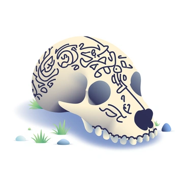 A dog skull is positioned prominently in the center of the image. The skull features detailed, intricate tribal tattoo designs etched across its surface, showcasing a variety of geometric patterns and flowing lines. The tattoos are in deep black, contrasting sharply with the lighter bone color of the skull. Surrounding the skull are hints of natural elements, such as small pebbles and patches of grass, enhancing the overall composition. Shadows play across the surface of the skull, highlighting the depth of the carvings.