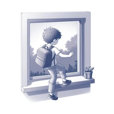A child is climbing out of a rectangular window, one leg already outside while the other is still inside. The child has tousled hair and is wearing casual clothing suitable for play. A backpack is slung over the child's shoulder, visibly packed for an adventure, with straps hanging down. It is dusk, and the fading light creates elongated shadows on the ground below. The window frame is wooden with a simple design, and there are small details like a potted plant resting on the windowsill. Trees and shrubs can be seen in the background, suggesting the child's escape leads to a natural setting.