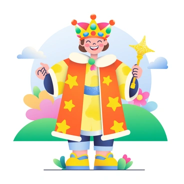 A colorful child's drawing features a king standing proudly. The king has a wide smile and is wearing an oversized crown decorated with bright red, blue, and green jewels. His robe is a vibrant mix of yellows and oranges, adorned with playful star patterns. In one of his hands, he holds a golden scepter that sparkles with glitter. The background is filled with an array of colored shapes, including green hills and a blue sky with fluffy white clouds. Flowers with large, colorful petals are scattered around the king's feet, adding to the lively scene.
