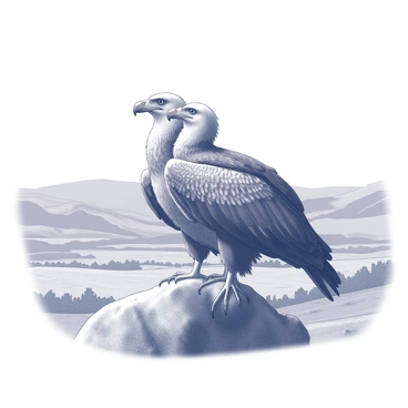A pair of California condors are perched closely together on a rocky outcrop. Their large wings are partially spread, showcasing their impressive wingspan. Below them stretches a vast landscape filled with rolling hills and patches of greenery, highlighting the natural environment. The sky above is clear and expansive, adding to the sense of openness. The condors are facing toward the horizon, appearing alert and attentive to their surroundings.