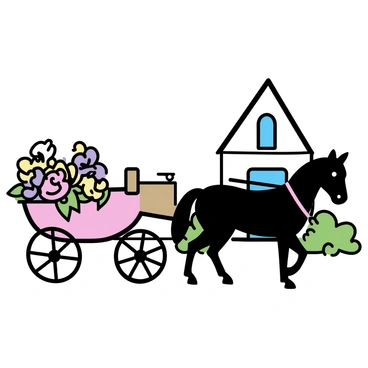 A horse-drawn carriage with a sleek black horse, standing patiently by the side. The carriage features elegant wooden details and is adorned with fresh flowers. In the background, a quaint chapel with white walls and a steep roof is visible. The chapel's entrance is decorated with vibrant roses in full bloom, draping over the sides. Lush greenery surrounds the scene, adding a natural touch to the setting.