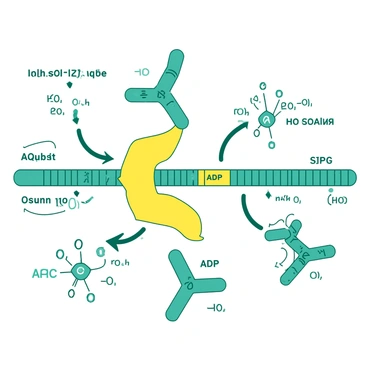 An illustration depicting the process of substrate-level phosphorylation in glycolysis. In the center, there is a large yellow enzyme mechanism that shows the transfer of a phosphate group. Surrounding this mechanism are various teal molecules representing substrates like glucose and ADP. The substrates are illustrated with arrows indicating their transformation into ATP and other products. Additionally, there are representations of energy molecules released during the process, creating a dynamic interaction in the scene. The background features a simplified depiction of the glycolysis pathway, enhancing the focus on the substrate-level phosphorylation process.